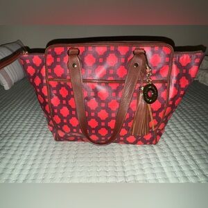 ISSAC MIZRAHI Live! Bridgehampton Printed Canvas Leather Tote Purse Bag Red NWOT